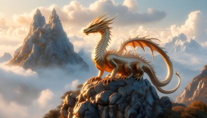 Wall Mural - Majestic Golden Dragon Perched on Misty Mountaintop as Guardian of Treasures in Glorious Golden Hour