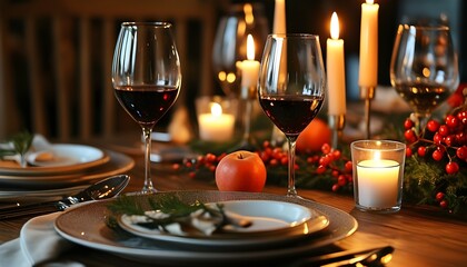 Wall Mural - Elegant dining arrangement with wine glasses, flickering candles, and a gourmet feast