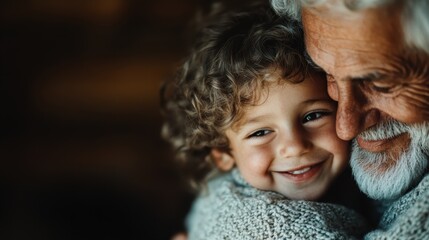 Close-up of a joyful elderly man with white hair and beard, embracing a young child, evoking feelings of warmth, love, and family bonds while showcasing their heartfelt connection.