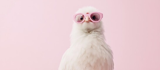 This quirky poultry concept features a cute chicken wearing sunglasses on a pastel background