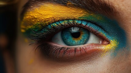 An extreme close-up of a human eye adorned with vibrant blue and yellow eyeshadow, capturing the intricate details and artistic expression of makeup. The image is vibrant and intense.