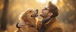 © Vasiliy - Joyful man and golden retriever in autumn forest. Unconditional love and connection between humans and dogs