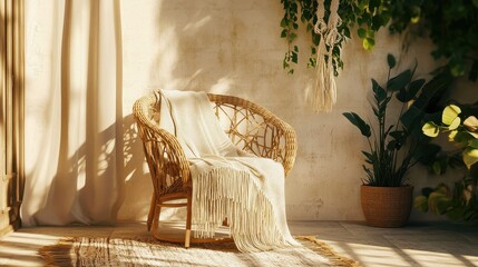 Wall Mural - Cozy Wicker Chair in Boho Chic Indoor Oasis