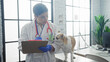© Krakenimages.com - A young hispanic woman veterinarian examines a chihuahua in a veterinary clinic, holding a clipboard in a bright indoor setting.