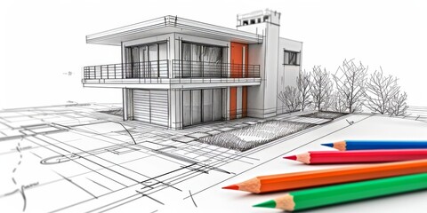 Architectural drawing of a modern house design with colored pencils, highlighting the creative process of residential planning and architectural development., Generative AI