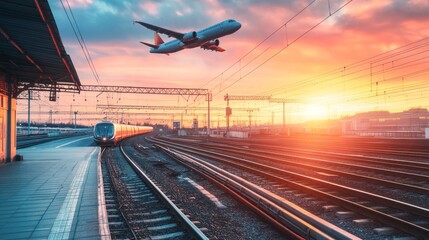 A train and an airplane in motion against a vibrant sunset sky.