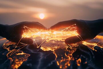 Poster - Hands holding a global network with digital connection lines, representing the power of technology and international communication in a connected world, Generative AI