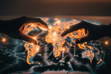 Poster - Hands interacting with a digital global network, symbolizing technology, international connectivity, and the seamless communication across the interconnected digital world., Generative AI