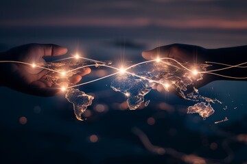 Poster - Hand interacting with a global network map, representing digital technology, international connectivity, and the interconnected nature of global communication., Generative AI