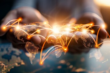 Poster - Hands holding a global network with digital connection lines, representing the power of technology and international communication in a connected world, Generative AI