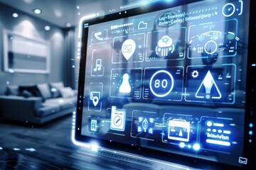 Fototapete - Digital touchscreen panel controlling smart home devices, representing modern technology, home automation, and the convenience of connected living., Generative AI