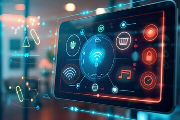 Fototapete - Digital touchscreen panel controlling smart home devices, representing modern technology, home automation, and the convenience of connected living., Generative AI