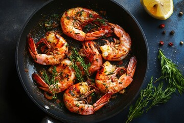 Grilled large shrimps (tiger) cooked in a frying pan with spices, herbs and lemon on a dark background - generative ai