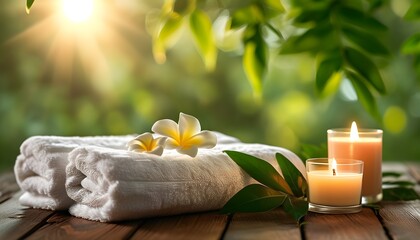 Wall Mural - Serene spa setup with towels and candles atop a wooden table amidst lush greenery and soft sunlight