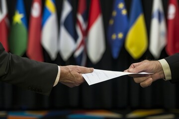 Two hands shaking in front of international flags, representing diplomacy, partnership, and successful negotiations between global leaders., Generative AI