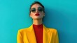 ©  Jovaduplex - A fashion-forward woman in a vibrant yellow jacket and sunglasses stands confidently against a bold blue background, showcasing modern style and elegance.