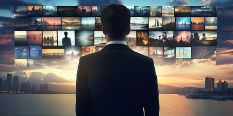 Fototapete - Businessman facing multiple digital screens against a cityscape backdrop, contemplating business strategy and digital innovation in a modern world., Generative AI