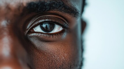 An extreme close-up photograph of a person's eye, showcasing the detailed textures of the skin and the intensity within the eye, providing a sense of connection and focus.