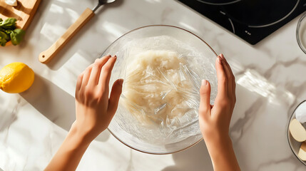 Top view of a woman hands using plastic wrap to cover leftover food in a bowl, Preserving its freshness