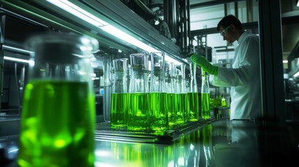 Fototapete - A scientist in a laboratory carefully handles glassware filled with vibrant green liquid under bright fluorescent lights, engaged in meticulous research during evening hours.