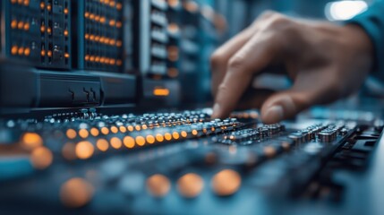 Close-up of a hand operating high-tech equipment in a server room, representing the precision and expertise necessary for maintaining complex data systems.