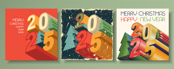 Wall Mural - happy New Year 2025 and Merry Christmas old grunge vintage greeting card, poster, template Layout  set. flat 3d number and Christmas tree bright colors	