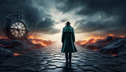 Exploration of a Paradox in the Rain: A Time Traveler in a Green Trench Coat Under Backlighting in a 3D Rendered World