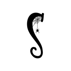 Logo con letra inicial S con tela de araña y araña colgando para tarjetas y felicitaciones de Halloween