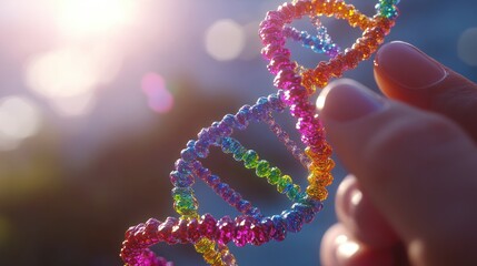 Multicolor DNA strand held by fingertips under daylight, showcasing genetic diversity and vibrant life science