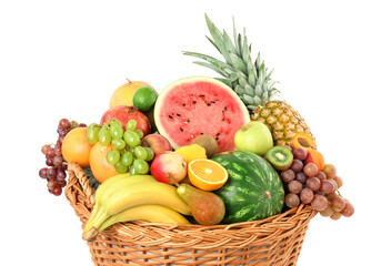 Poster - Many different fresh fruits in wicker basket isolated on white