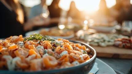 This image depicts a bowl of delicious vegetable salad garnished with herbs set on a table at an outdoor gathering, with the sun setting in the background, creating a warm and inviting scene.