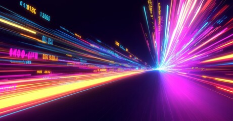 Binary code impulse. Neon stream. Data funnel stream technology. Cyberpunk funnel. Electrical impulse, binary code.