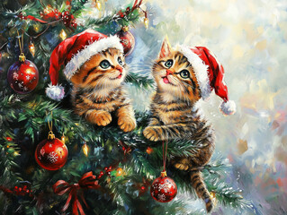 Two adorable kittens in Santa hats on a Christmas tree with baubles, festive background, AI Generation