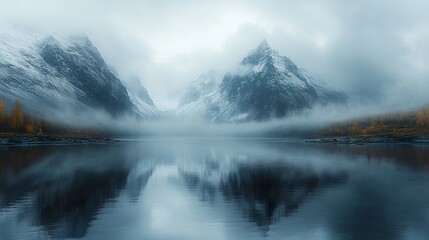 Sticker - Misty Mountain Lake Reflection - Serene Nature Photography