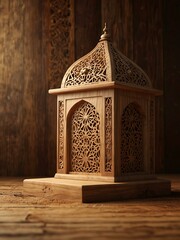 Ramadan greeting background with a 3D wooden podium.