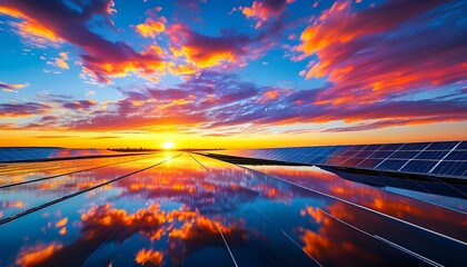 Wall Mural - Stunning sunset illuminating solar panels, highlighting renewable energy amid a vibrant landscape and colorful cloud formations