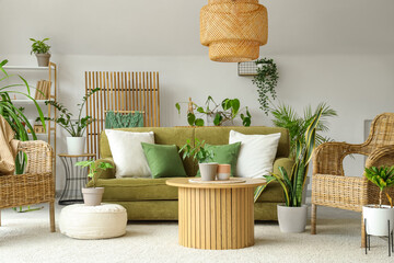 Wall Mural - Interior of light living room with green sofa, armchairs and houseplants