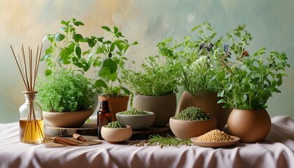 Natural wellness display of potted herbs and essential oils on a soothing pastel backdrop