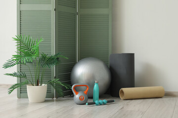 Sticker - Set of sports equipment, houseplant and folding screen near light wall