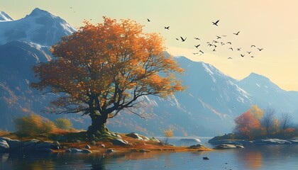 Wall Mural - Serene autumn landscape with a vibrant tree beneath a pastel sky, framed by majestic mountains and lively birds soaring above