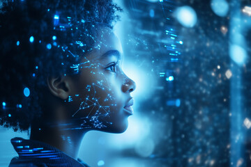 Black African American student coding and learning about machine learning, with a focus on AI and augmented reality in education and cybersecurity