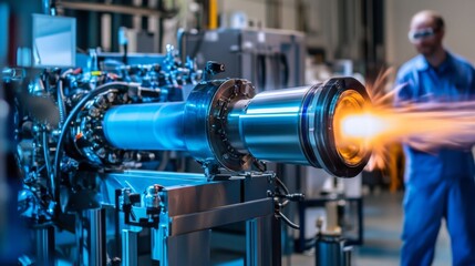 Aufkleber - A long, silver tube is mounted on a metal stand. The tube is firing a stream of bright orange flame. A person in blue workwear stands behind the machine, blurred out of focus.
