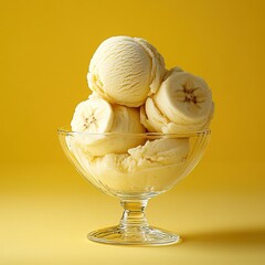 Wall Mural - a refreshing bowl of banana ice cream topped with fresh banana slices set against a yellow backgroun
