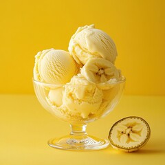 Wall Mural - a refreshing bowl of banana ice cream topped with fresh banana slices set against a yellow backgroun