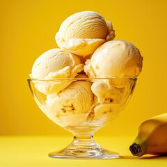 Wall Mural - a refreshing bowl of banana ice cream topped with fresh banana slices set against a yellow backgroun
