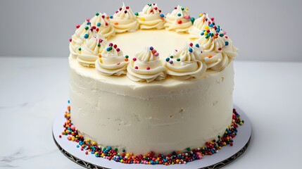 A beautifully frosted vanilla cake with decorative icing and sprinkles, placed on a simple white background, ready for celebration or dessert styling.