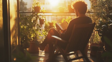 Leinwandbilder - A person sits comfortably on a rocking chair on a balcony, absorbed in reading a book as the golden sunlight casts a warm glow over indoor plants and the serene outdoor space.