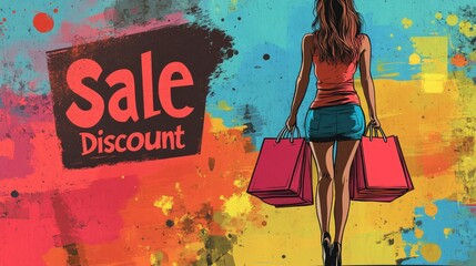 Stylized Woman with Shopping Bags - Colorful Sale and Discount Graffiti Art