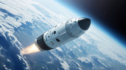 Aufkleber - A powerful rocket ascends from Earth, engines ignited, soaring through the atmosphere with clouds below. The blue expanse of space surrounds it, showcasing the contrast of technology and nature.