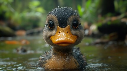 Sticker - Adorable Duckling Close-Up in a Forest Stream